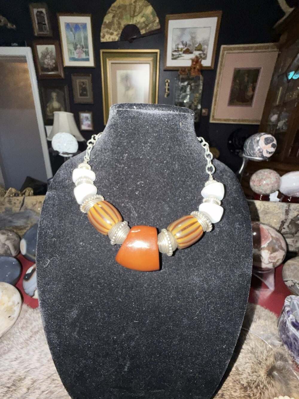 Unbranded Marble Lucite Statement Necklace Cream Brown Orange Silver Tone